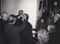 The consecration of Helena Salfická - from the left: consecrating bishop Josef Pochop, co-consecrating bishop Richter, František Voňka, Helena Salfická, Holice, 11.11.1973.