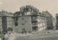 Vypálené domy na Pankráci po Pražském povstání, Praha, 1945