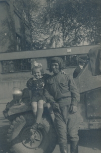 With a Soviet soldier, Prague, 1945