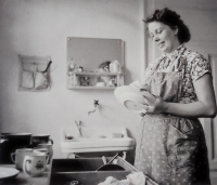 Witness at home washing dishes in the kitchen