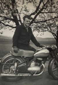 František Chlistovský with his favourite motorcycle Jawa 250, which he had to wait many years for due to the currency reform, 1960s