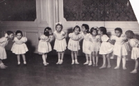 Dancing class at the House of Scientists. Adele is first from left, 1950s.
