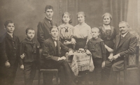 Krška family, ca. 1917. Second from the left Karel Krška Sr., the father of the witness. On the far right is his grandfather, the caretaker of the town orchards. The photo was taken in memory of grandfather before he left for the front