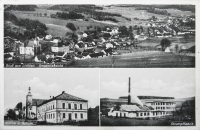 Historical postcard of the village of Lichnov with the building of the hosiery factory