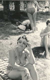 Mother Marie Vaculíková by the water, Ondřej Vaculík behind her on the right, 1970