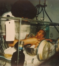 Helena Samkova's daughter Zuzana in an incubator, Winterthur, Switzerland, 1980