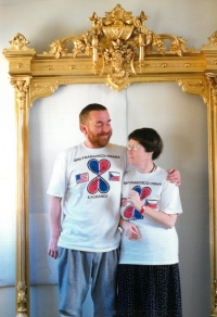 With her husband Jaroslav (Jarin). Restoration of a gilded frame for the Oakland Museum after the earthquake, 1986-1987