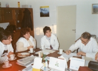 Photograph from 29th February 1996 in Zlaté Hory. Arnošt Obrusník, on the right with glasses, trains fellow bakers on new equipment they did not know how to put into operation