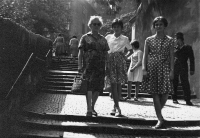 Helena Sallakuová on the right / with her mother and sister / Prague Old Castle Steps / 1963