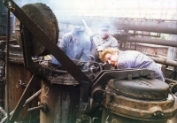 Ladislav Jaworek (centre) with colleagues, closing of the Coke Plant CSA, Karviná, 1997