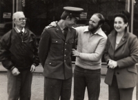 With family in Jeseník. From left: father Evžen Novák, nephew Ing. Vladimír Potěšil, brother Jiří Milan Novák, sister Ruth Potěšilová, ca. 1983