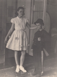 Květoslava Podlipná, née Hodanová, going to a fancy dress party with her brother Jiří Hodan in Bečov nad Teplou, c. 1956