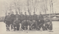 Stanislav Řídký (kneeling far left) with other Slatiňany hockey players, 1955