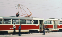 Práce na tramvaji, Milan Vlček zcela vpravo, Barnaul, Sibiř, SSSR, 1973