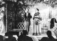 A play by an amateur ensemble from Skřipov - The Girl from the Suburbs. Jarmila Chovancová is pictured in the lead role of a young widow with Josef Balhar, 1957