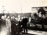 Visit of the Japanese expedition at the monument of Duchcov viaduct (witness third from the left), undated