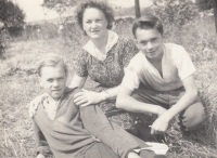 Petr Langr (left) with his mother Emma Langrová and brother Josef Langr, 1956