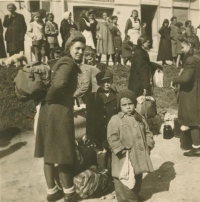 František's mother together with the boys during the evacuation from Slovakia in October 1944, in Gelnice before boarding military trucks.