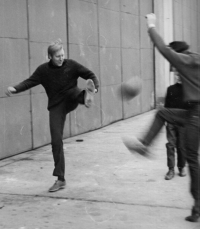 During a football game at the airport in Hoškovice during the testing of Formula 3 cars, spring 1967