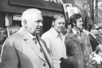 Oslavy 1. máje, zleva Miroslav Fousek, Eduard Líhař a Dušan Velebný, asi 1975