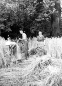 Zleva matčina teta Františka Daňková, bratr Reinhard Teichmann a matka Marie Teichmannová na zahradě v Třebomi, pravděpodobně konec 50. let