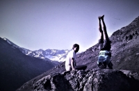 Alois Bílek (standing on his head) with his friend Jan Rypka, Switzerland, 1994