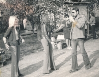 Vlastimil Vincenec (right) with short hair, shortly after the concert Na Americe, where he was cut by the Czechoslovak government, 1974