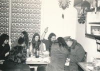 Vlastimil Vincenec (second from left), celebrating a friend's birthday, during which they are legitimized by a member of the Czechoslovak Military Service, Čechtice, 1977