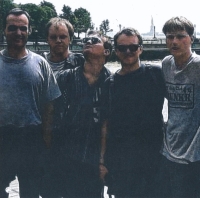 The band Už jsme doma in New York at the beginning of their American tour (from left Jindřich Dolanský, Miroslav Wanek, Pavel Pavlíček, Romek Hanzlík, Pavel Keřka), 1992