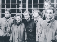 The group Už jsme doma (third from the right) during the last year of the festival Čertovo kolo in Bratislava, 1989