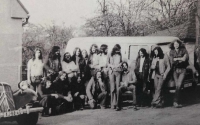 Vlastimil Vincenec (sitting on a chair) with the group Adept and other participants of the concert Na Americe, March 29, 1974, Rudolfov u Českých Budějovic