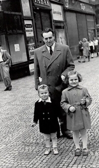 With uncle Ota Ullmann and cousin Hana on the left, in Prague Na Příkopě, 1951