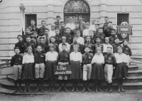 Michael Plátek's grandfather František Plátek (marked with a cross) as a member of the Sokol in Turnov, 1920