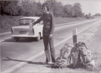 Tomáš Mazal hitchhiking during his trip to Poland in 1974