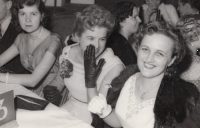 With her classmates: celebrating her graduation from university, 1954