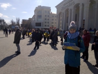 Nataliia's daughter at a pro-Ukrainian rally in Russia-occupied Kherson, March 2022