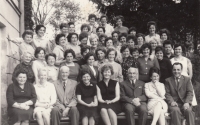 Photograph for the anniversary of ten years of the Infant Institute Luhačovice, Stanislava Petrželkova sitting in the bottom row, second from the left, fifth from the left the head of the Institute MUDr. Marie Damborská, CSc., 1964