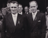 Father Jaroslav Douša Sr (left) at the wedding of his niece Blanka Škoulová, 1961