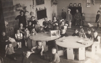 City kindergarten Holešov, 1940, Stanislava Petrželková at the right table, first from the left