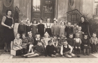 Stanislava Petrželková in the kindergarten in Holešov, seated on the photo, fourth from the left, May 1940