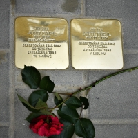 Stolpersteine (Kameny zmizelých) pro Jenny a Grete Fischl, položeny v Merhautově ulici v Brně 14. 6. 2020 