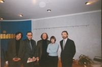 Left to right: Yurii Andrukhovych, Volodymyr Yeshkiliev, and an unknown person, Kateryna Botanova, Mykola Yakovyna. Kyiv, 1999