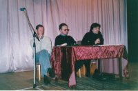 Presentation of the Pleroma journal. Left to right: Yurii Izdryk, Volodymyr Yeshkiliev, Yurii Andrukhovych. Ivano-Frankivsk, 1999