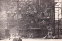 Working on the Prometheis mosaic panel, 1966. Created together with Alla Horska, Hryhorii Synytsia, and Halyna Zubchenko